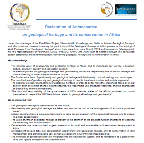 Declaration of Antananarivo on geological heritage and its conservation in Africa